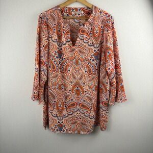 Violet + Claire Paisley Print Tunic Top Blouse 1X Orange Blue Women